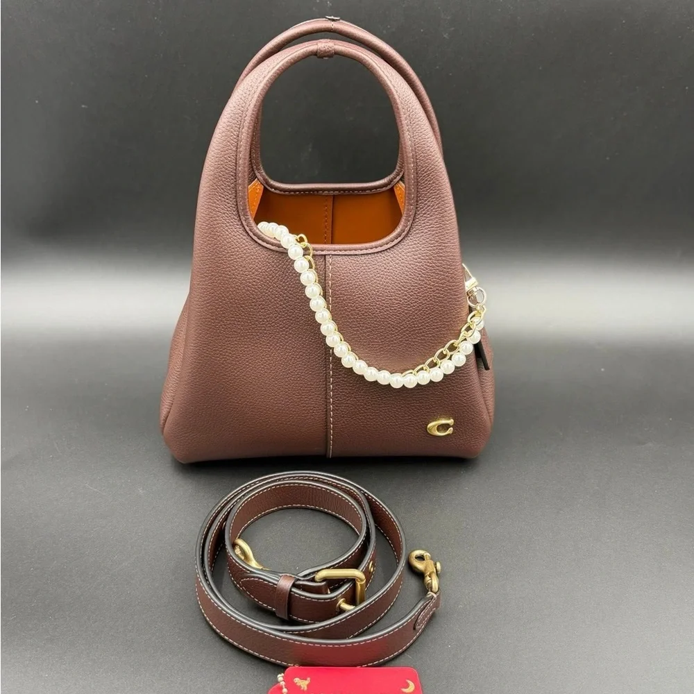 Coach Brown Leather Shoulder Bag with Pearl Chain - Picture 2 of 9